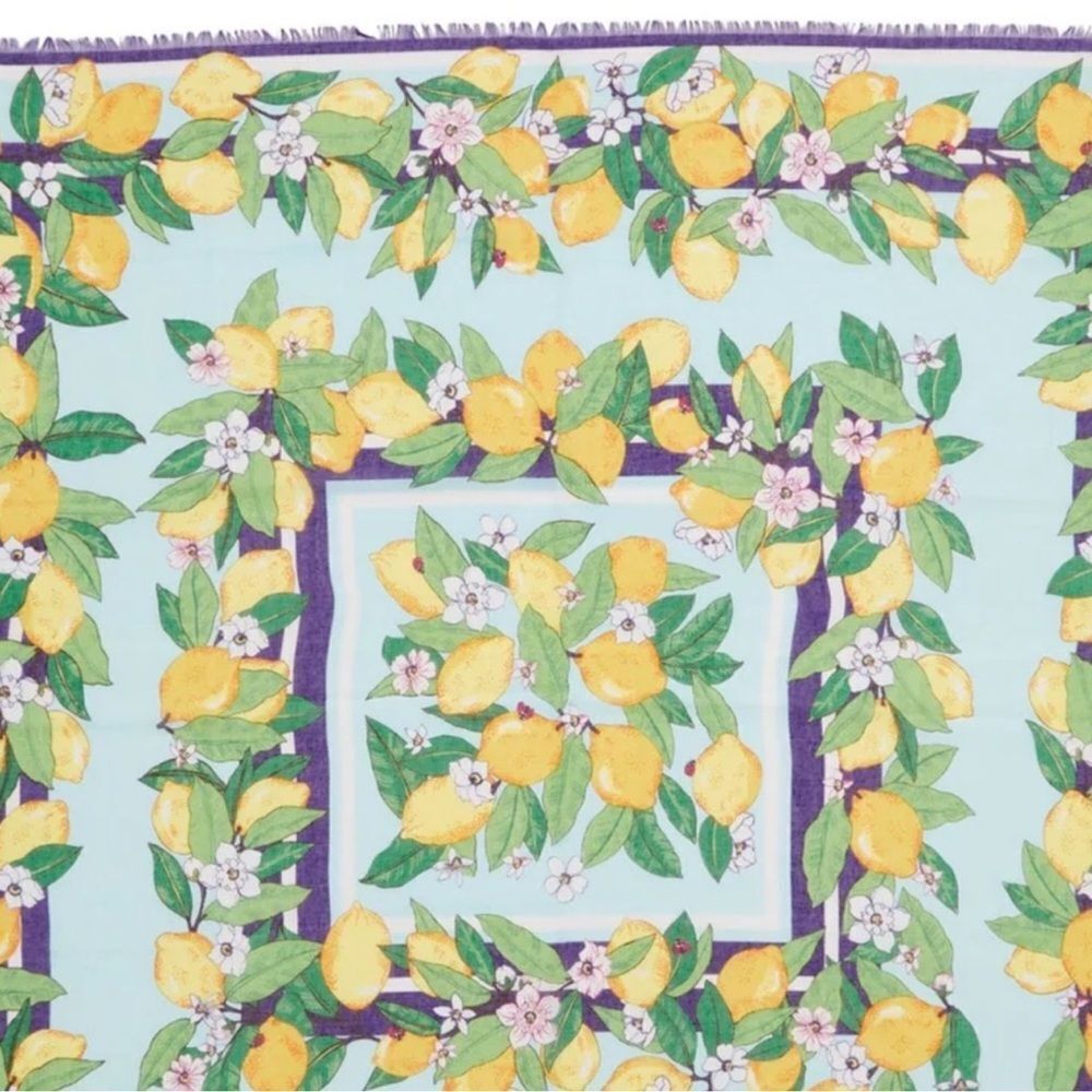 Vera Bradley Lemon Grove Blue Yellow Green Purple White Blossoms Fringe Scarf - Picture 4 of 13